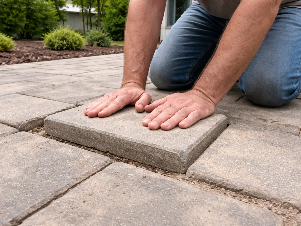 Close-up of hands pressing an outdoor patio paver to check if it rocks or sinks.