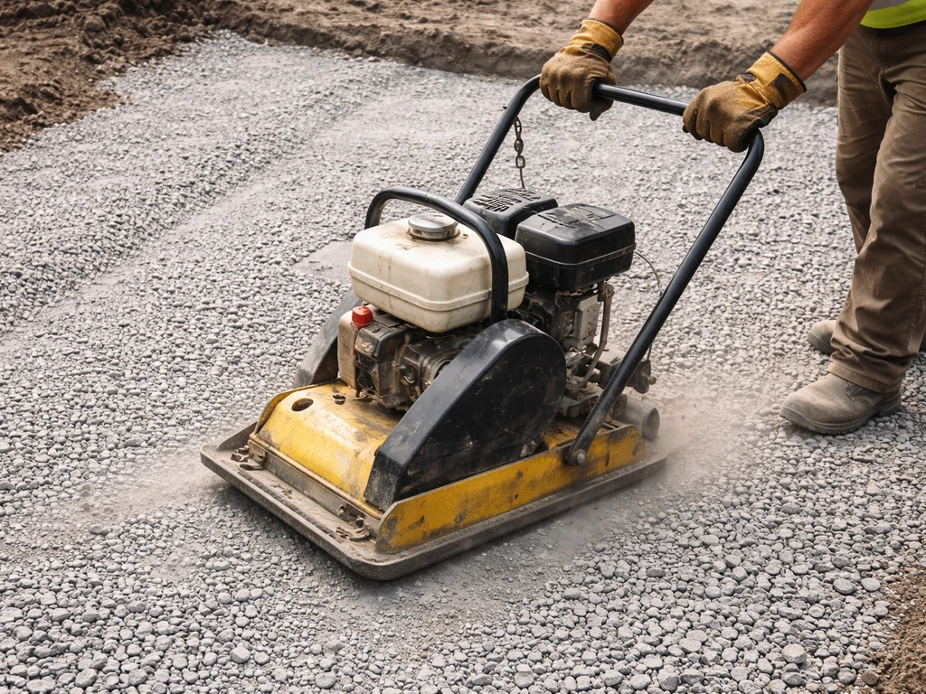 Plate compactor pressing neat passes into crushed stone to form a firm sub-base.