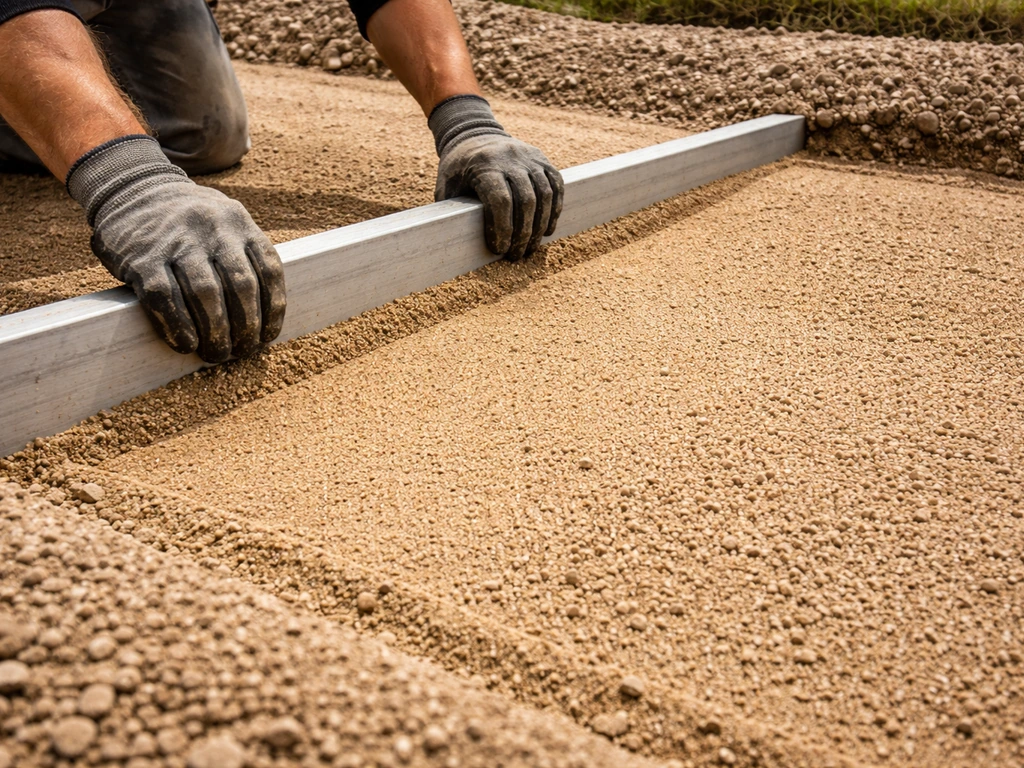 Gloved hands screeding coarse bedding sand flat to a slope before laying pavers.