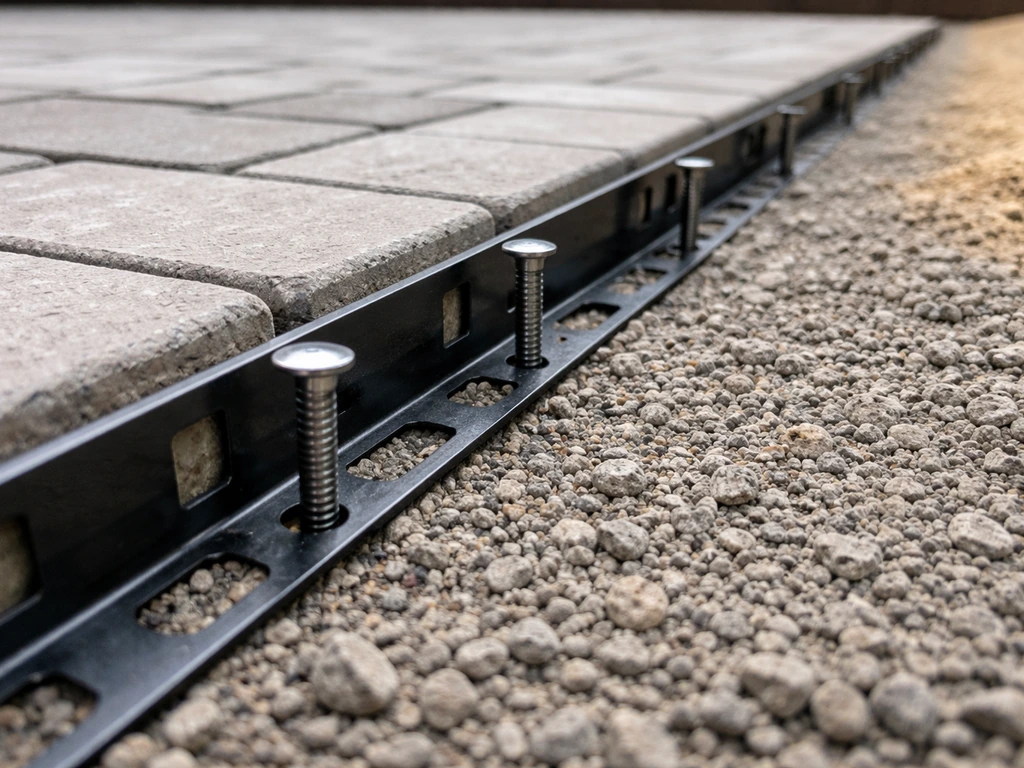 Edge restraint installed along a paver perimeter with steel spikes anchored into the base.