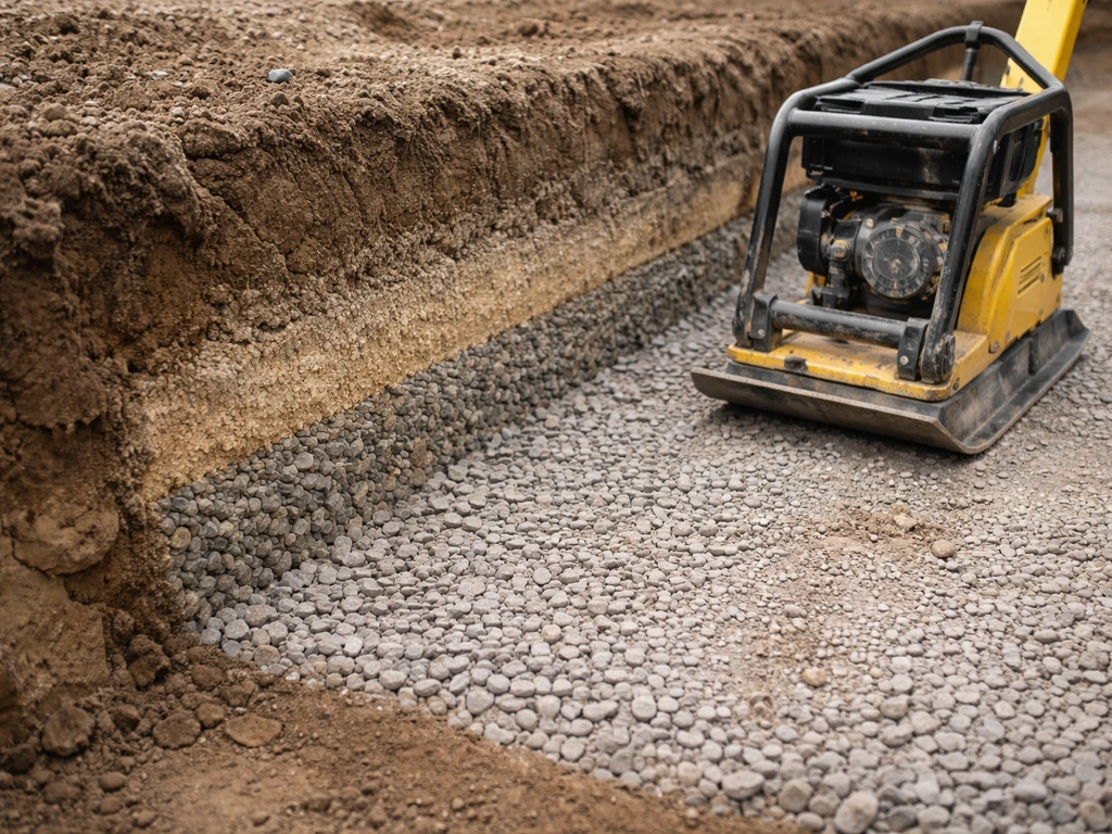Close-up patio base cross-section with compacted layers and a plate compactor on site