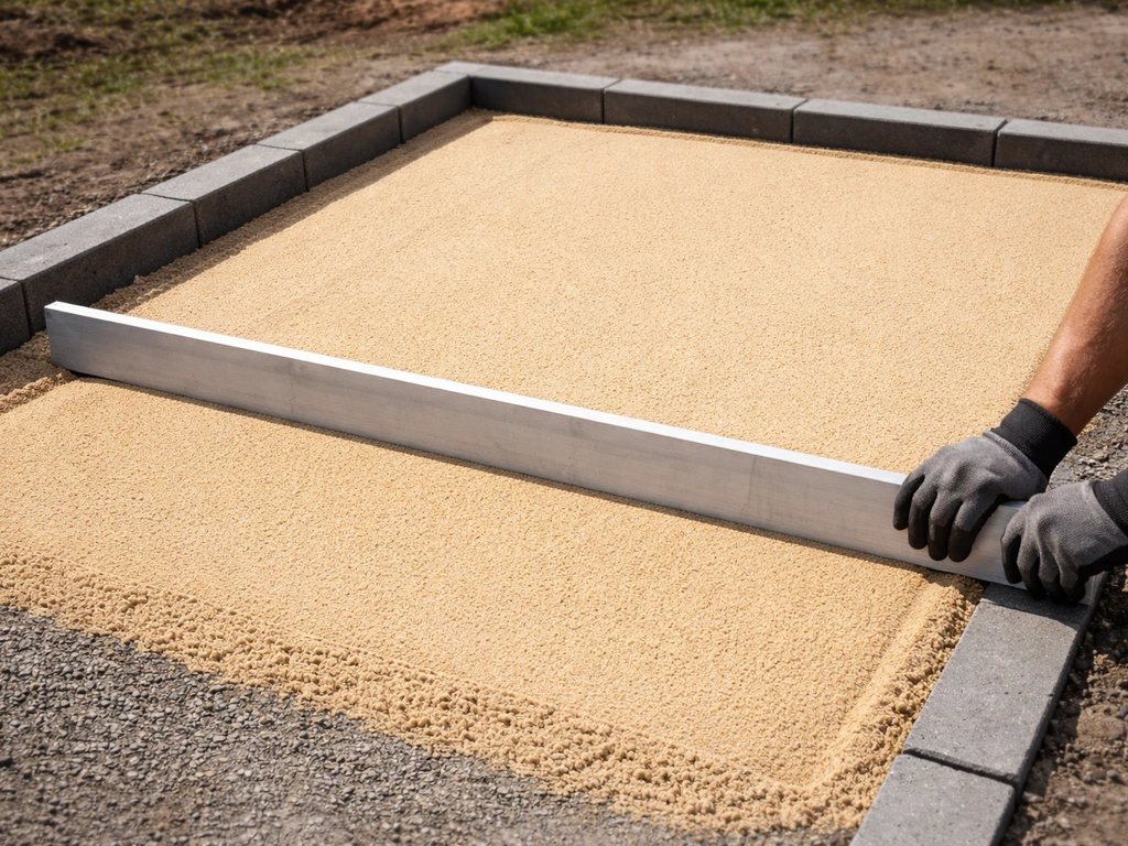 Gloved hands screeding an even bedding sand layer between edge restraints for pavers-ready ground.