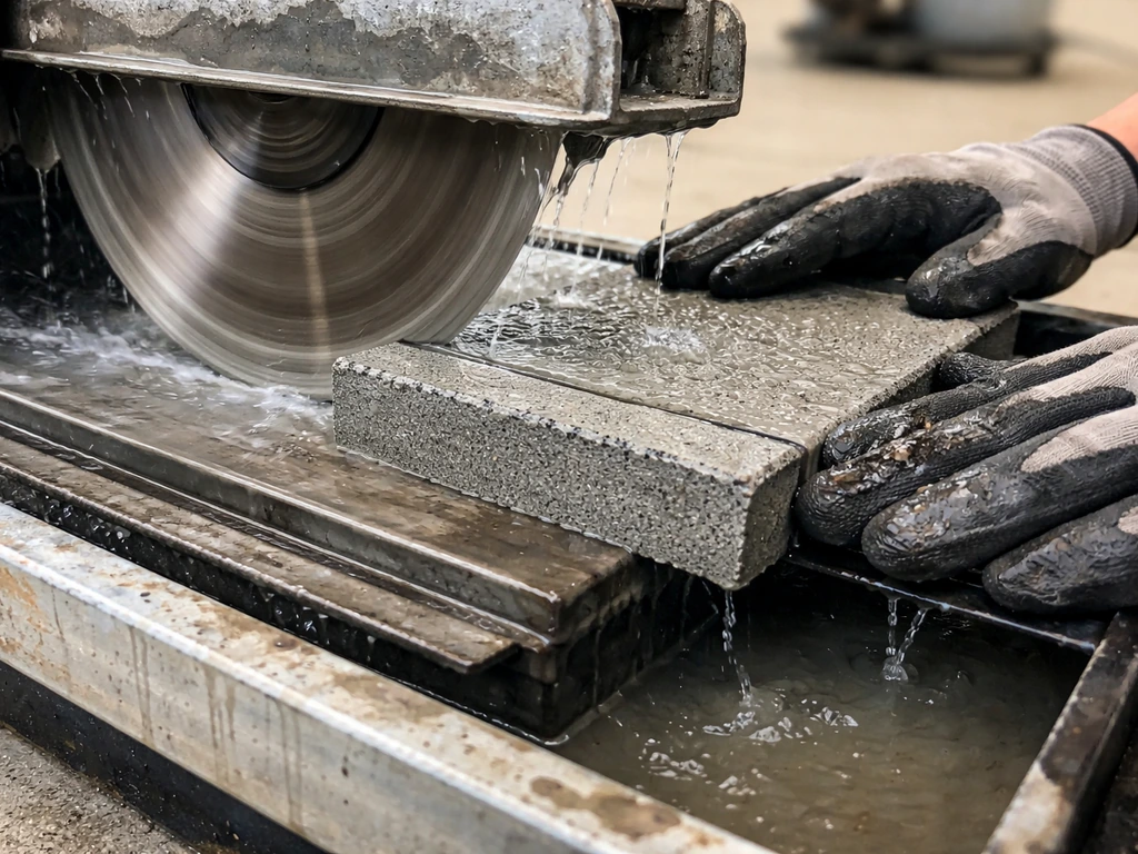 Hands guiding a paver through a wet saw, with a clean cut edge and water-spray detail.