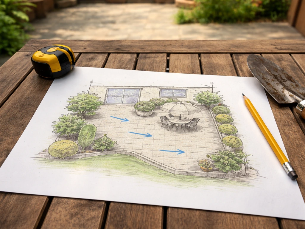 Overhead view of a simple yard patio plan with a slope-away-from-house sketch overlay and water flow arrows