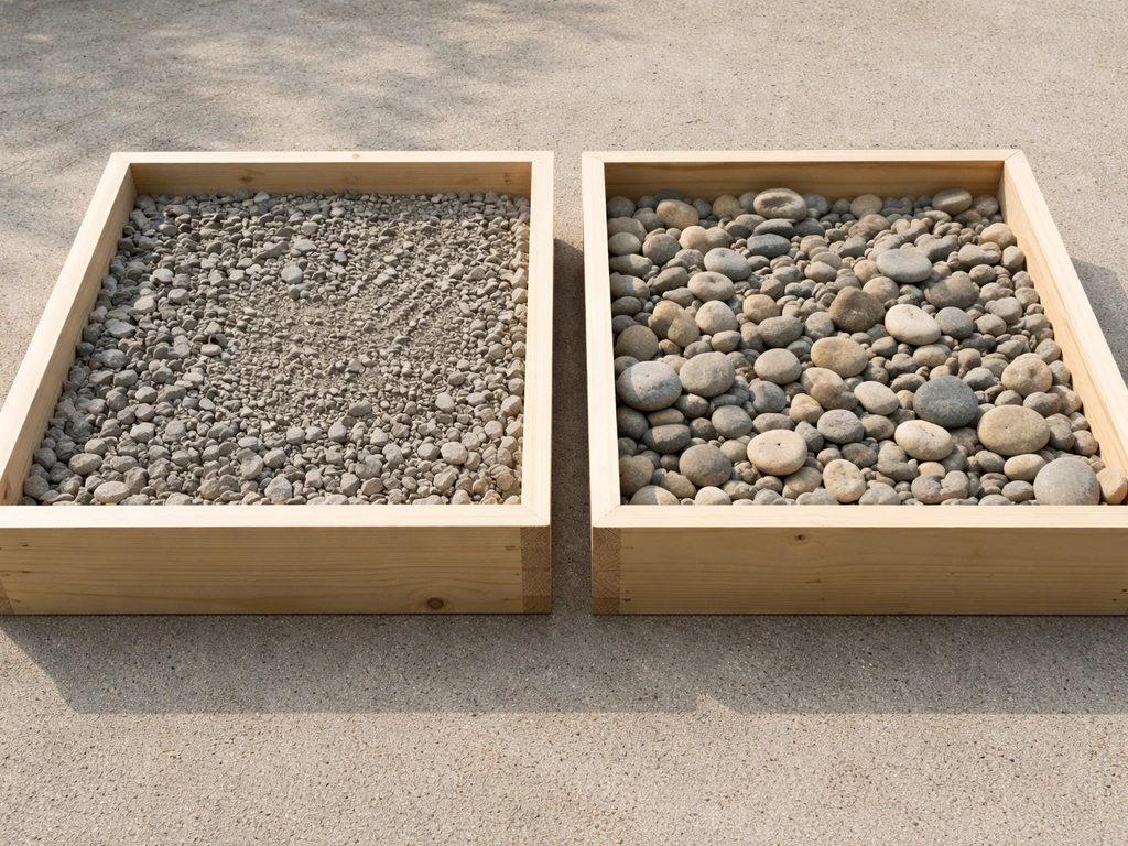 Side-by-side piles in small boxes: crushed angular gravel under compacting, loose rounded river rock above.