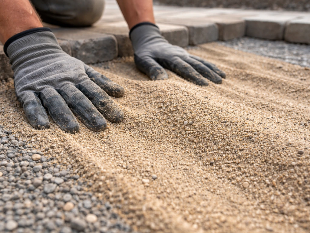 Coarse concrete sand bedding spread evenly over compacted gravel, ready for pavers.
