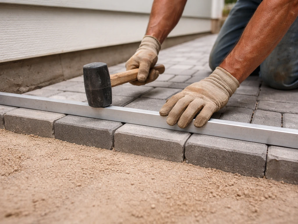 Worker laying concrete pavers from the house-side corner, aligning with a straightedge and rubber mallet.
