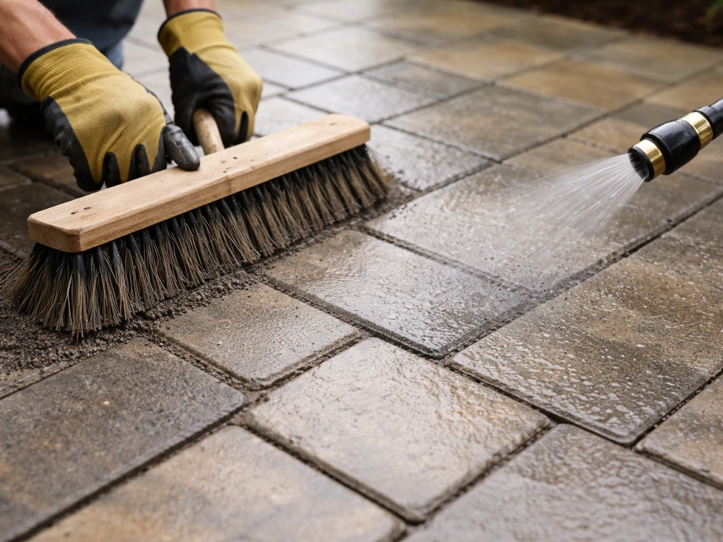 Worker sweeps polymeric sand into patio paver joints, then mists water to activate it