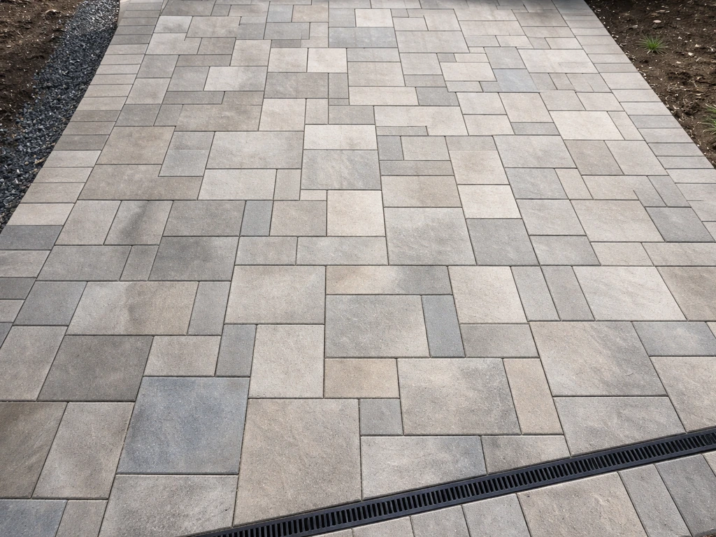 Overhead view of a finished patio with crisp paver edges, even joints, and aligned drainage slope.