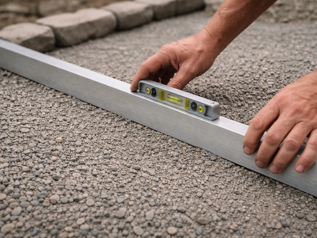 Hands using a level and straightedge to check flatness on a compacted gravel paver base
