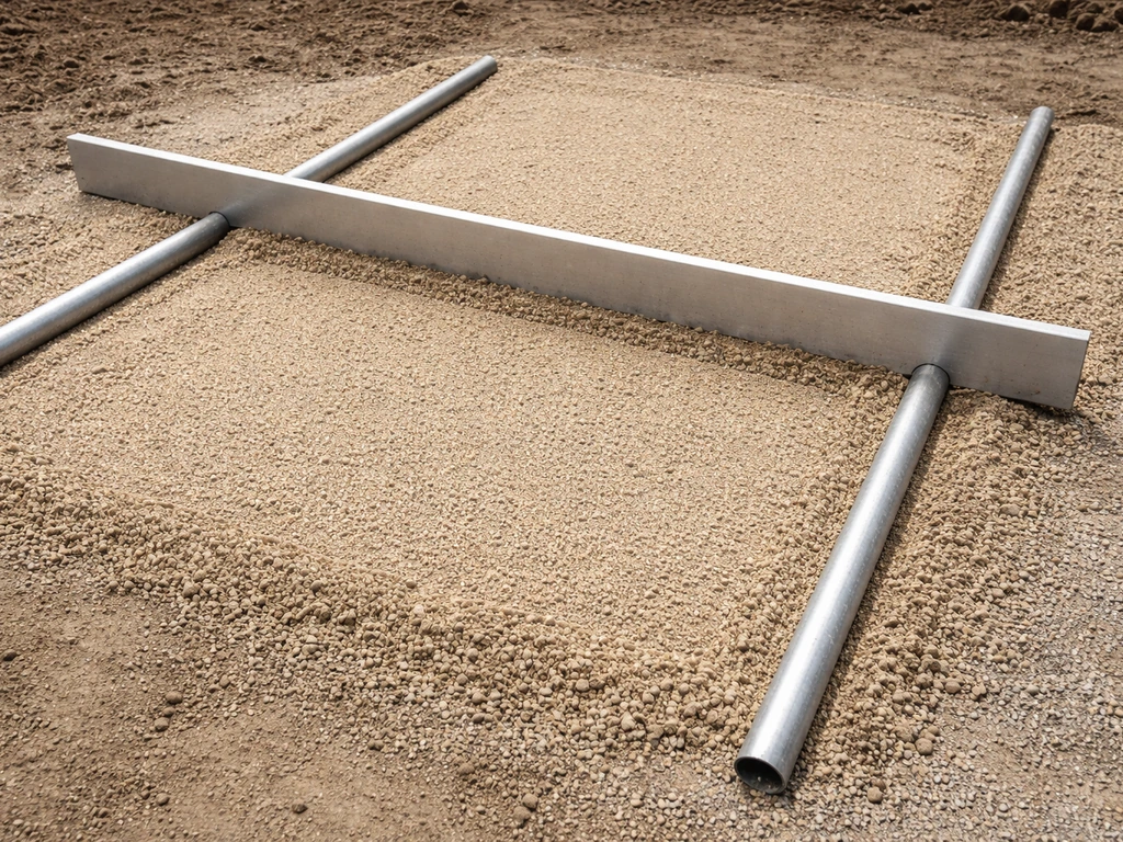 Two steel pipes set as screed guides while smoothing a thin concrete sand bedding layer