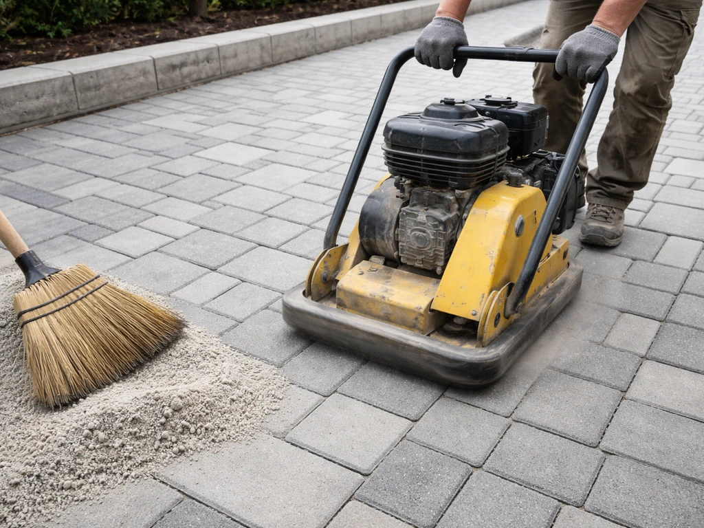 Plate compactor vibrates over installed pavers while jointing sand is swept into the joints.