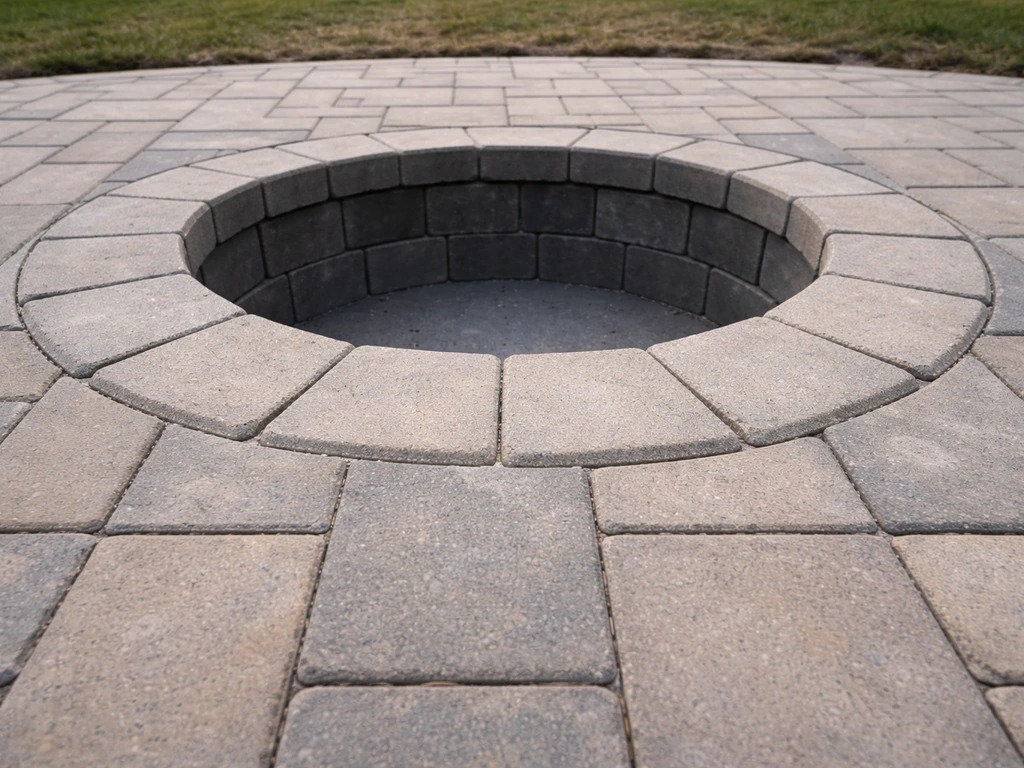 Close-up of a paver patio fire pit base, with pavers secured using heat-resistant mortar.