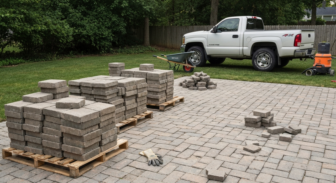 Neatly stacked used concrete patio pavers on pallets in a backyard next to a pickup truck and tools.