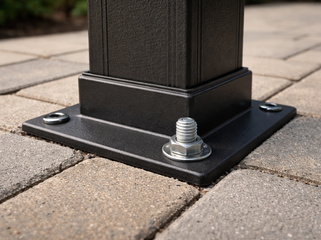 Gazebo post base plate anchored to a paver patio with visible bolts at one corner.