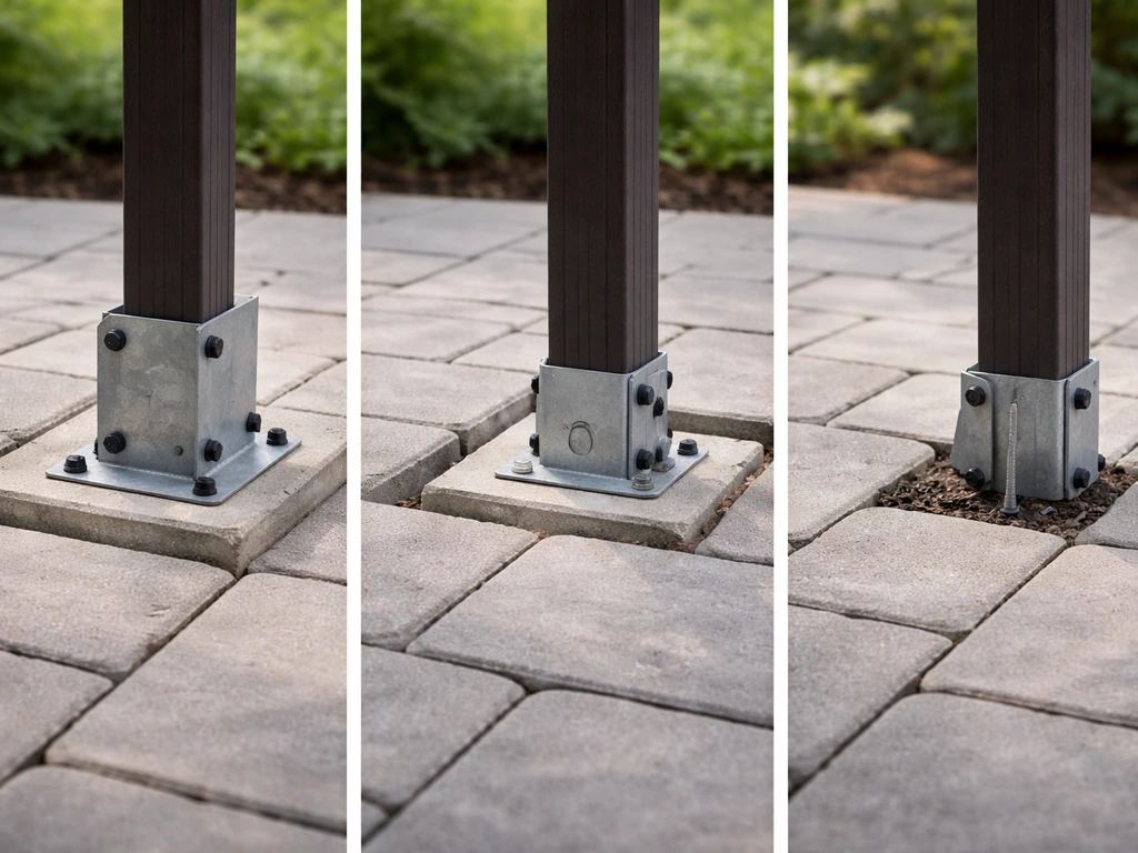 Minimal outdoor paver patio with three distinct gazebo anchoring hardware setups on the ground.