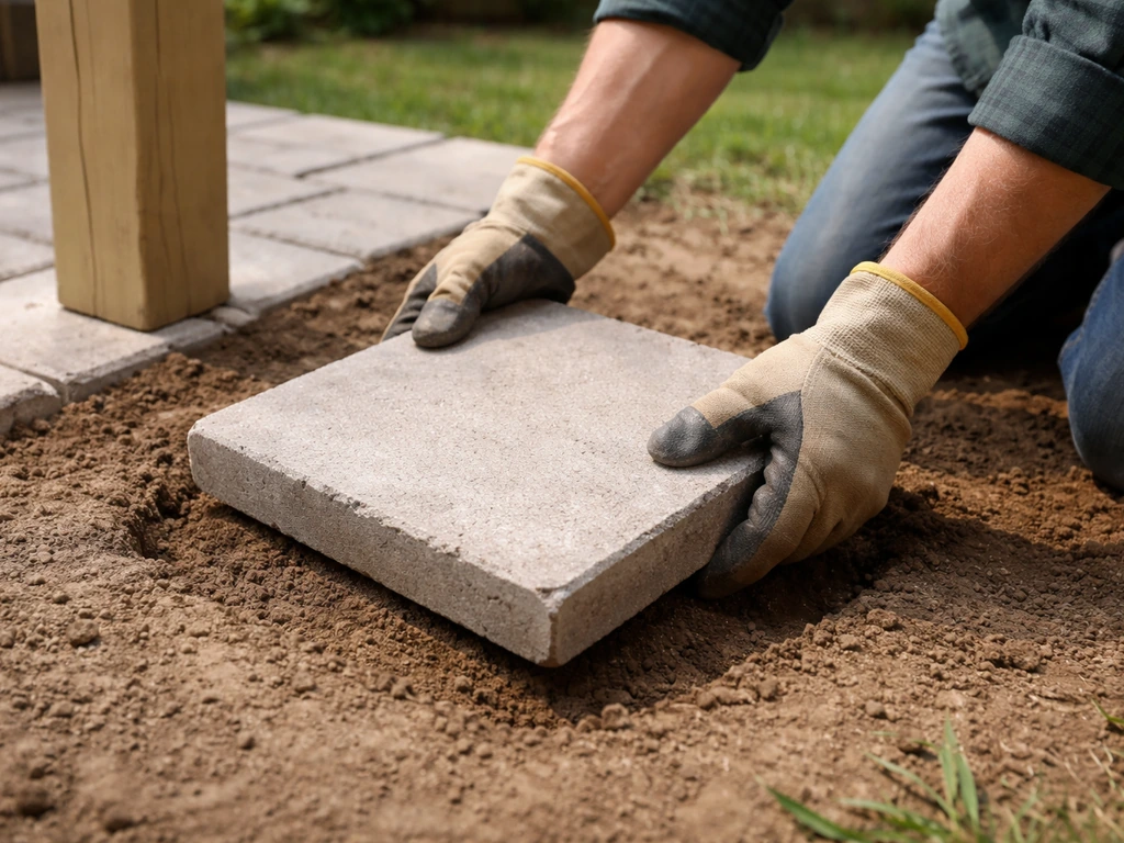 Gloved hands lifting a paver near a gazebo post location in a backyard, showing firm or loose base.