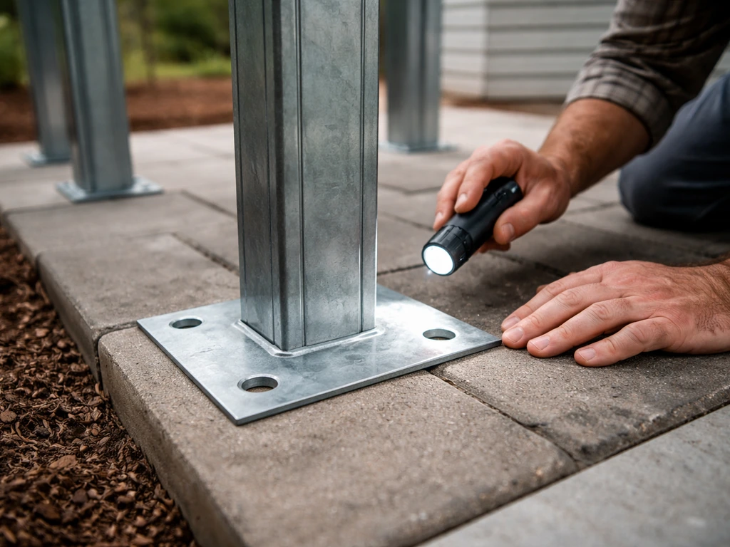 Close-up inspection of a gazebo base plate with mounting holes aligned over a concrete paver.