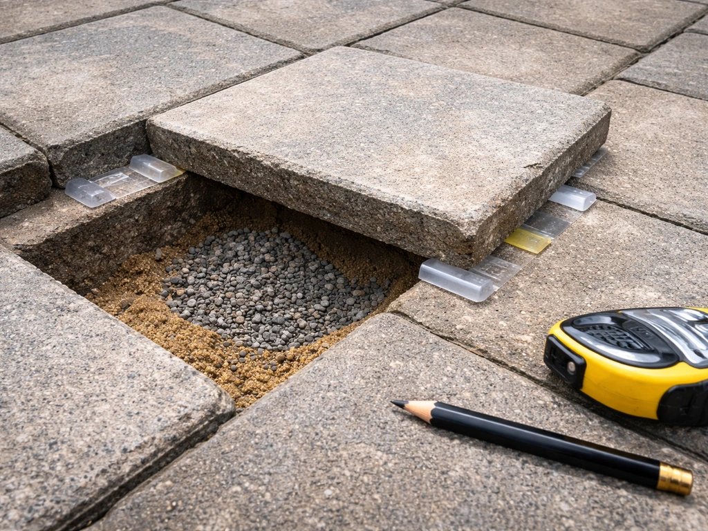 Close-up of lifted pavers on a patio with protective spacers around a prepared anchor hole