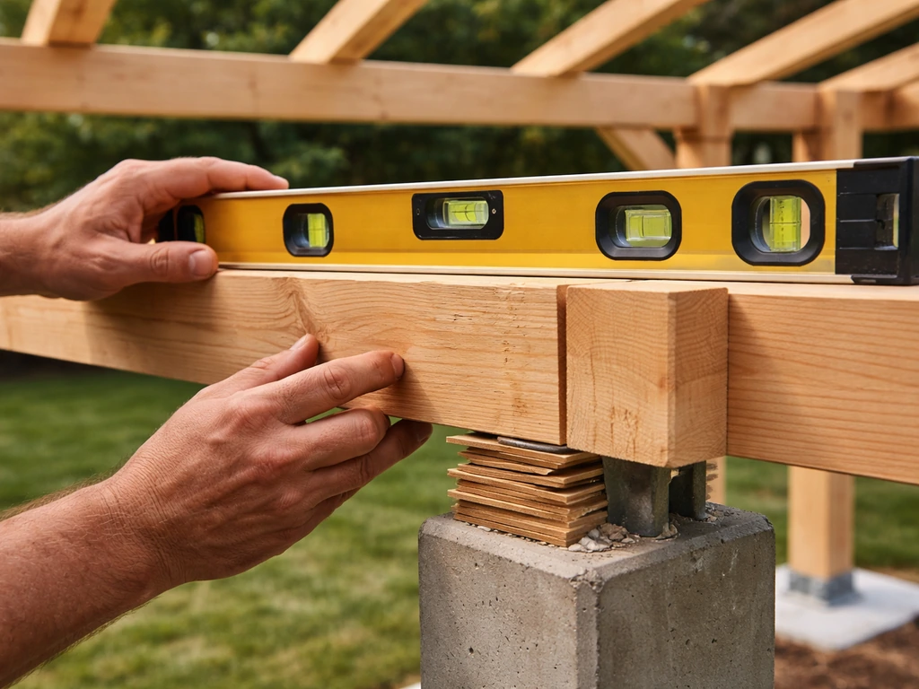 4-foot spirit level across gazebo beam with shims under a slightly low post after anchoring