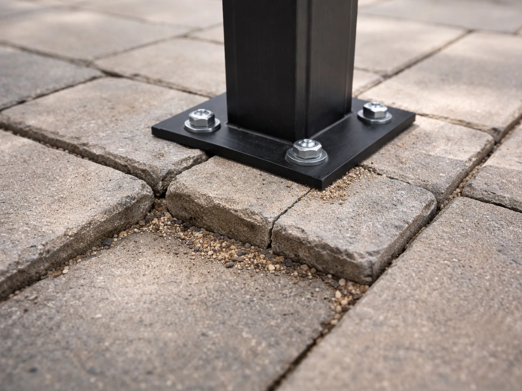 Close-up of cracked and slightly shifted patio pavers near a gazebo post base on concrete patio