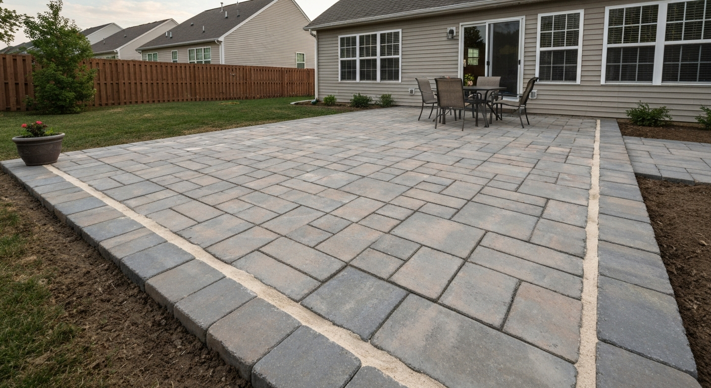 Finished 10x12 patio made from concrete pavers with polymeric sand joints, edge restraint and outdoor furniture in a suburban backyard.