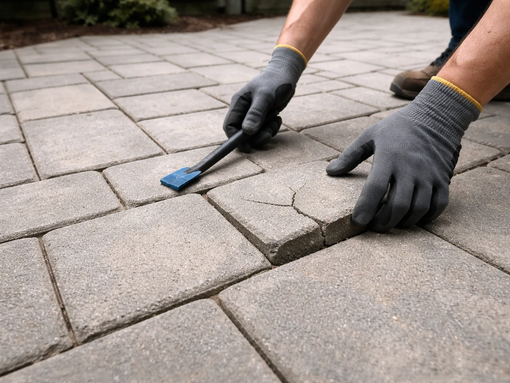 Close-up of swept patio paver joints with gloved hands selecting a cracked paver to start.