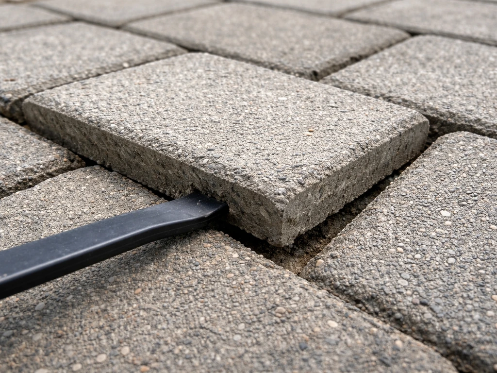 Close-up of a pry bar lifting the first paver from an opened pavement joint gap.