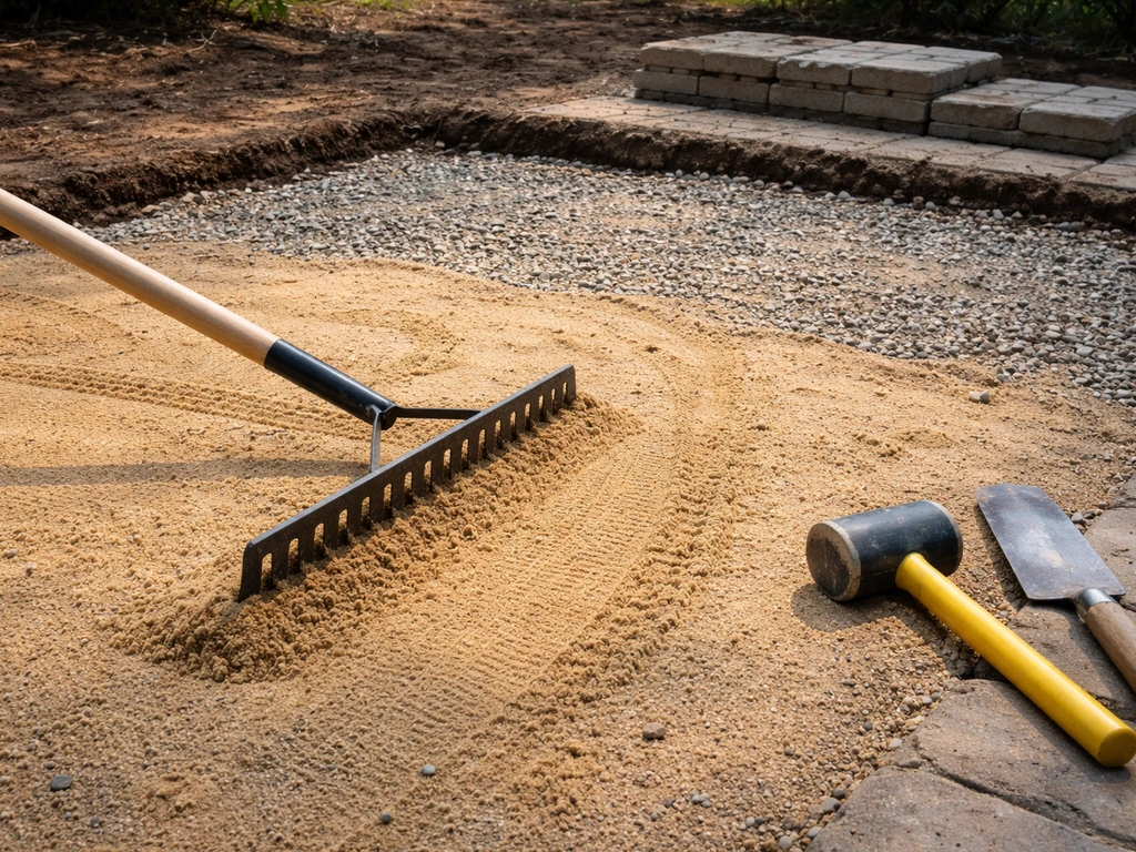 Close-up of exposed patio bedding sand and base gravel layers with tools raking the sand smooth.