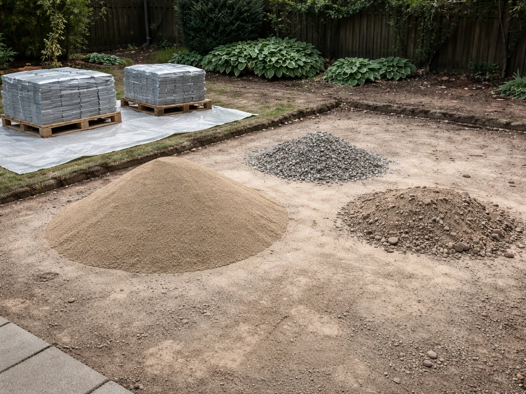 Cleanup stage with separated piles of bedding sand and base gravel and pavers stacked on pallets