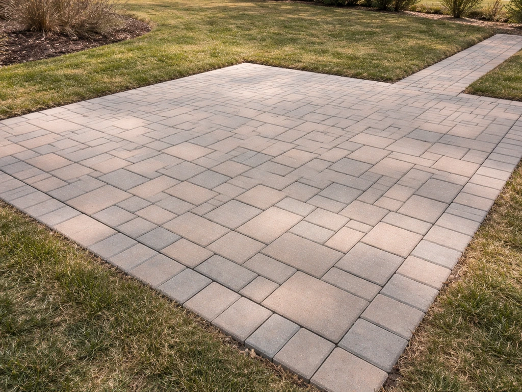 Backyard view of a finished sand-set paver patio with clean joints, sharp edges, and visible drainage slope.