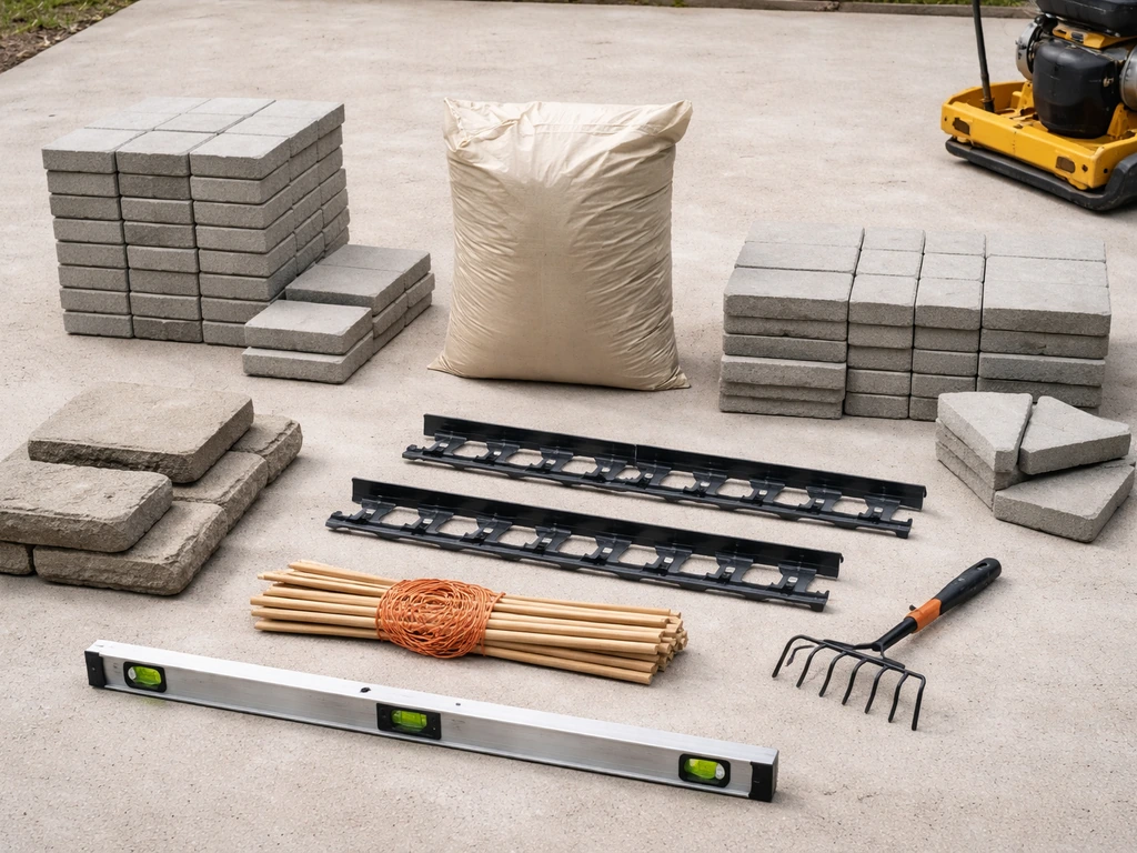 Patio installation tools and materials laid out in a neat checklist spread: pavers, sand, level, and strings.
