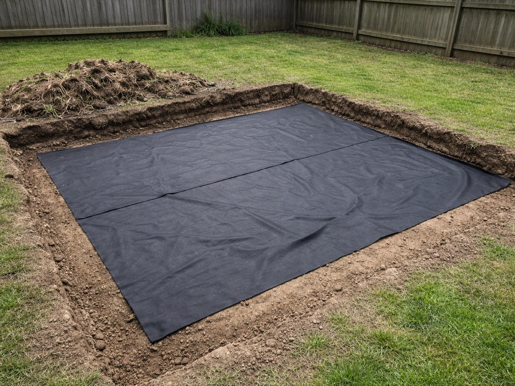 Excavated backyard patio base with black geotextile fabric laid over prepared soil grade.