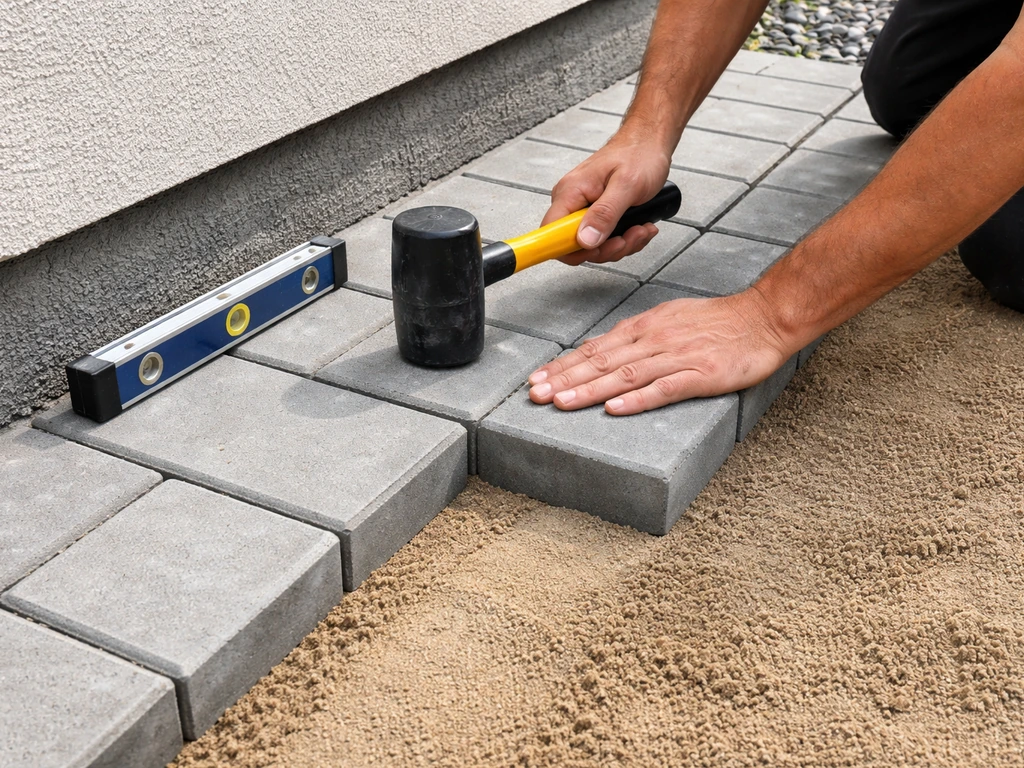 Hands tap a paver with a rubber mallet while a small level checks alignment along a straight edge.