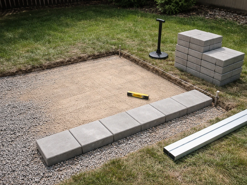 Ready patio paver section with leveled base, string-line layout, and stacked pavers for DIY installation.