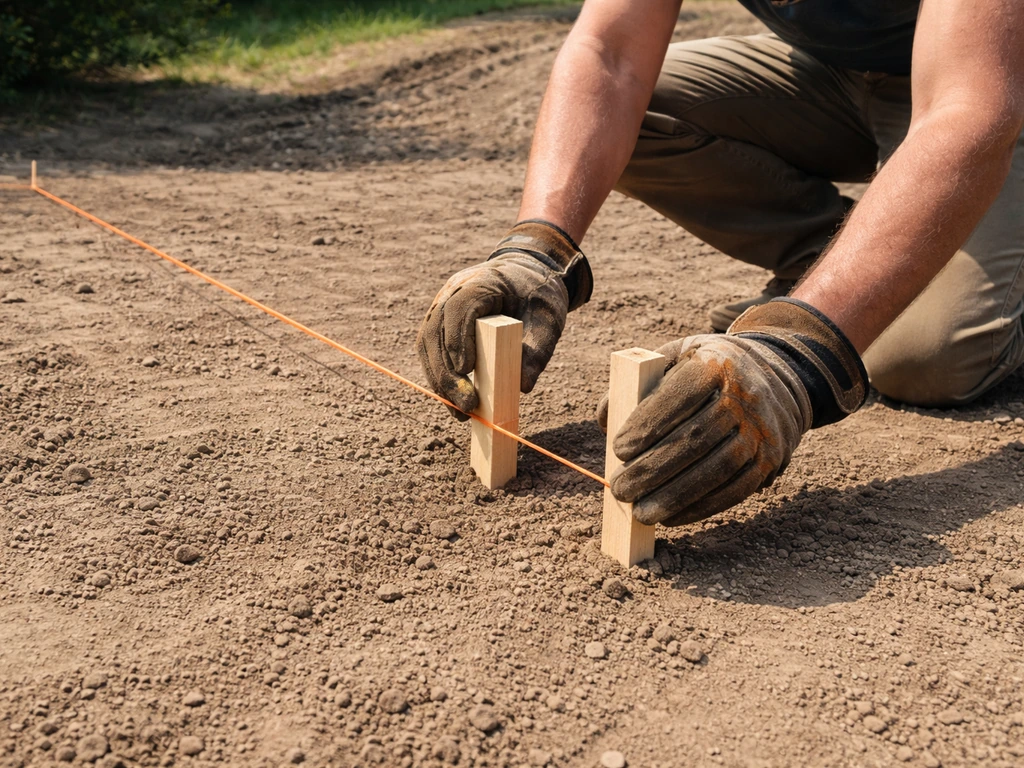Gloved hands set patio corner stakes with taut string lines on bare graded soil to mark proper slope.