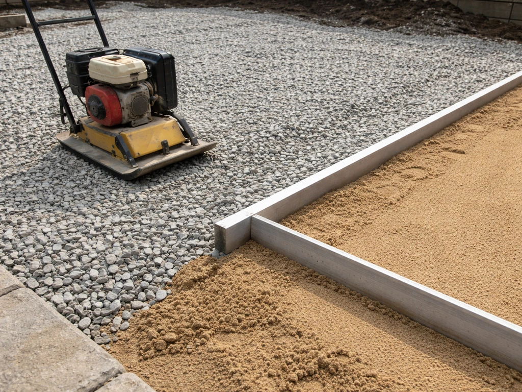 Plate compactor compressing a gravel base while bedding sand is leveled for a patio foundation.