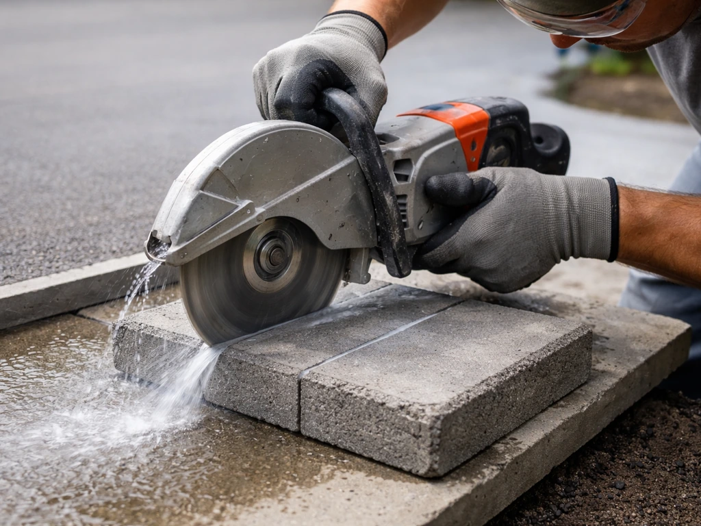 Close-up of a worker cutting concrete pavers along a marked line with a wet-cut diamond saw