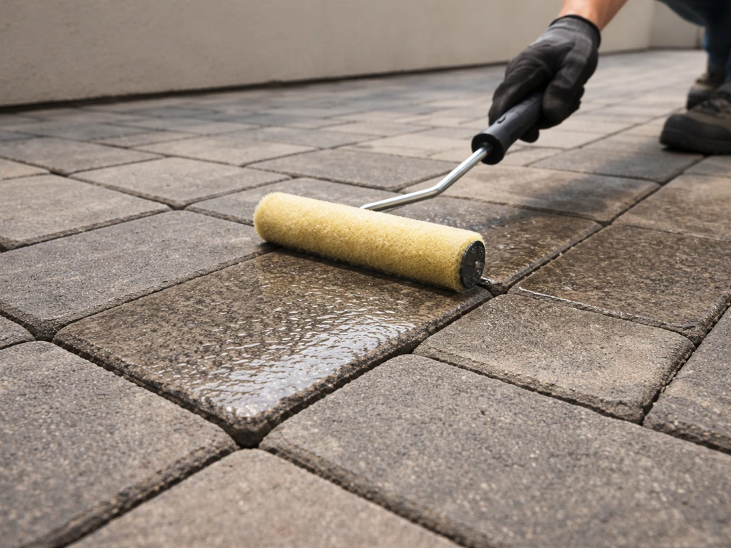 Gloved hands rolling clear sealer onto installed pavers, showing wet sheen beside dry matte areas.
