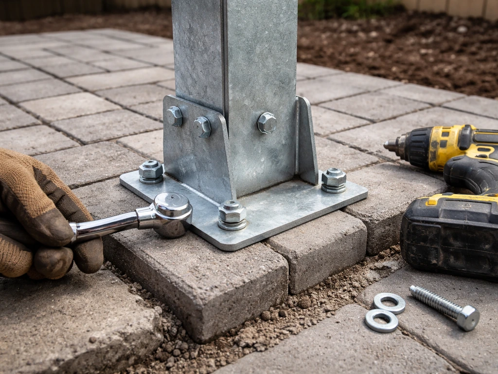 Close-up of a pergola post base bolted down on a paver patio with tools visible.