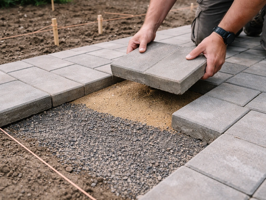 Lifting a paver section reveals a sand-set base beside compacted aggregate and layout string lines