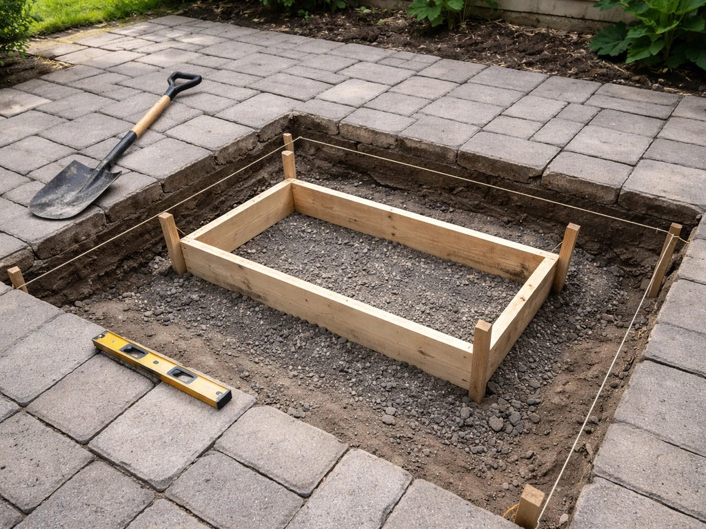Excavated paver patio section with exposed base and wooden concrete formwork ready for pouring