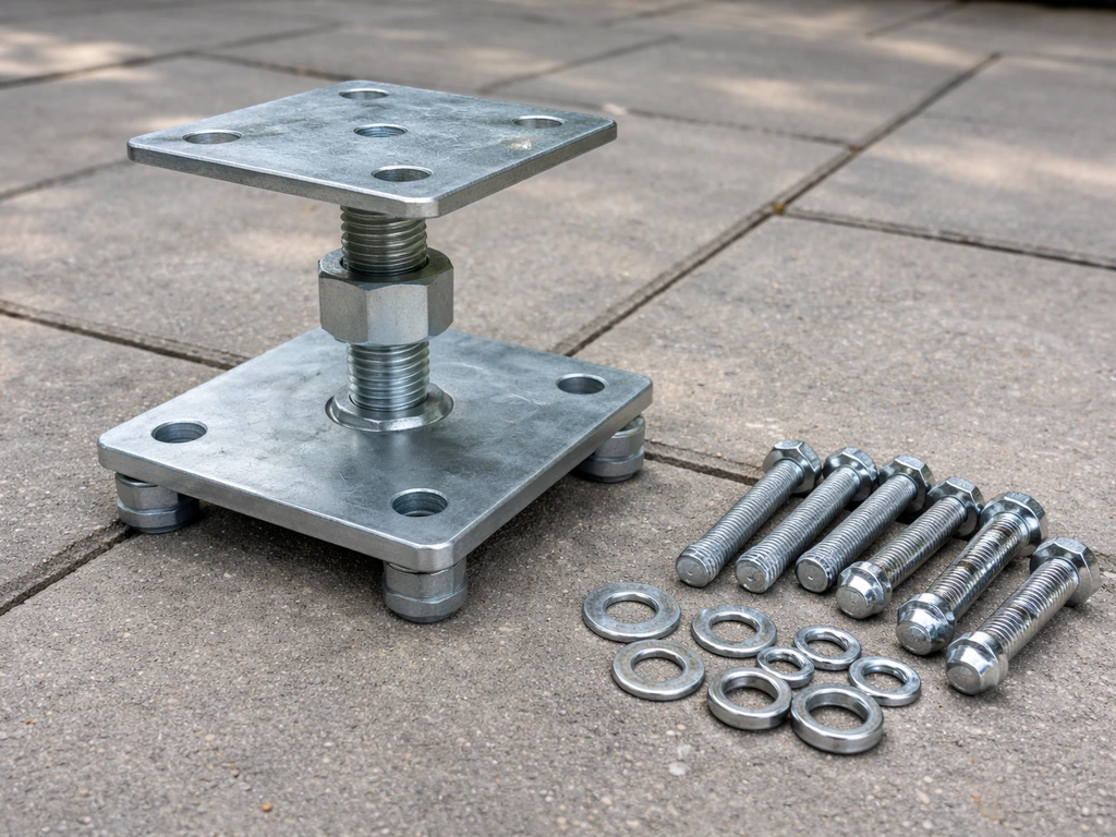 Close-up of an adjustable standoff post base above a concrete slab with bolts and anchors laid nearby.