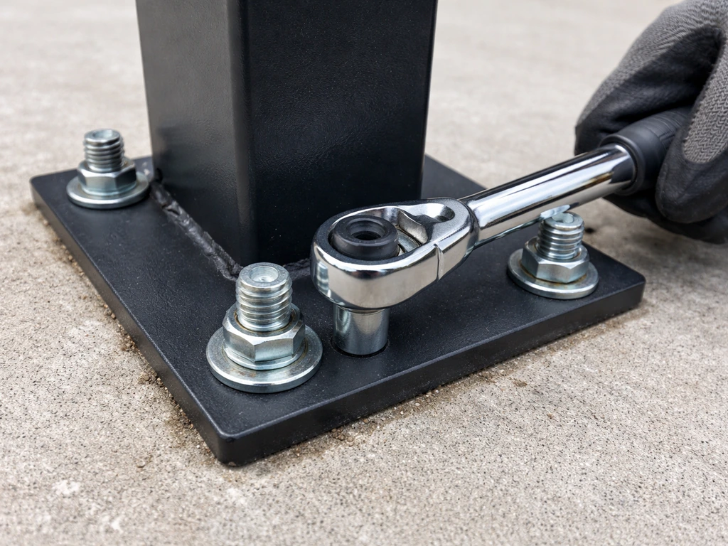 Close-up of a slightly rocking post base on concrete while a torque wrench checks anchor bolt tightness.