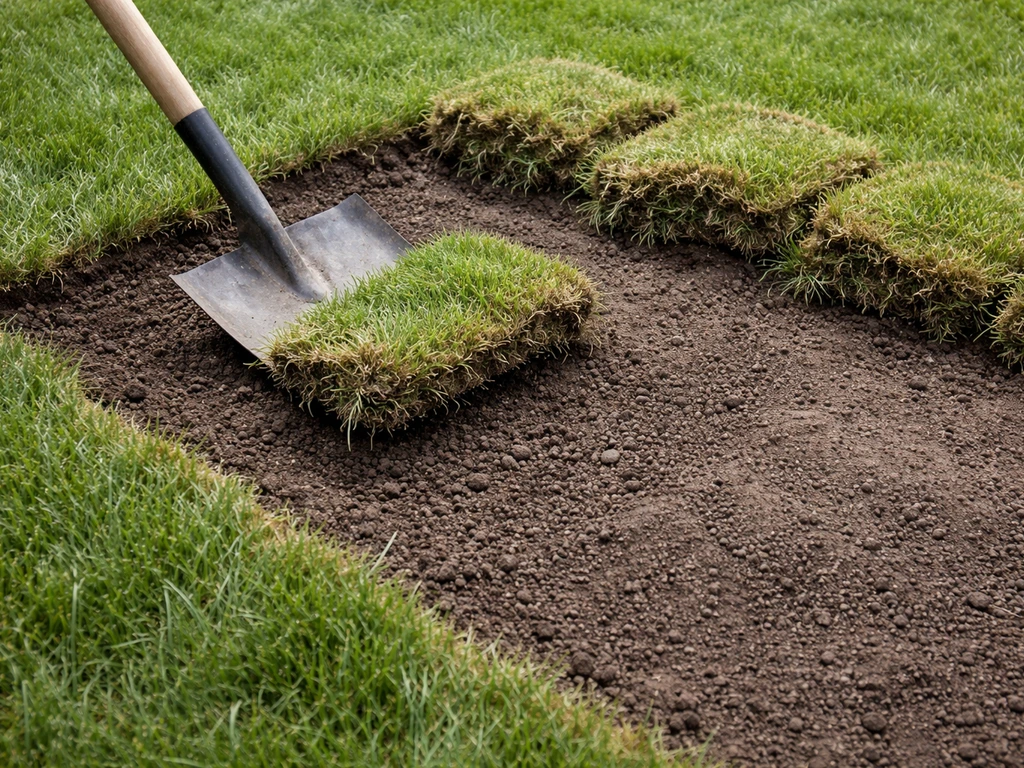 Shovel lifting sod to reveal bare subgrade soil during yard prep for paver base work