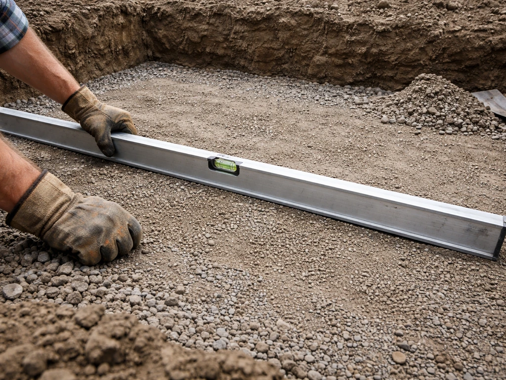 Gloved hands holding a straightedge/level across an excavated area to check flat, accurate depth.