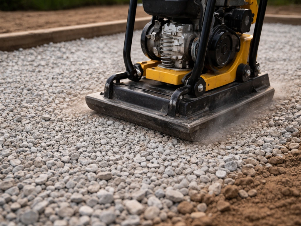 Plate compactor compressing a fresh layer of crushed gravel for a stable outdoor base