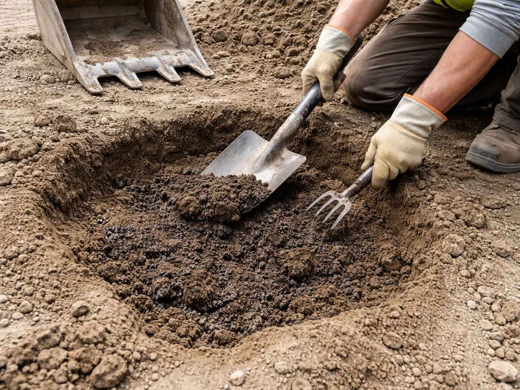 Worker’s shovel digging out a spongy subgrade patch in a construction site, preparing it for repair.