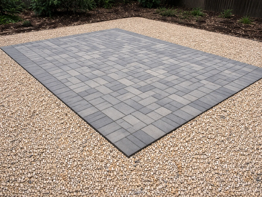 Rectangular paver field surrounded by loose pea gravel with clean edging and visible paver thickness.