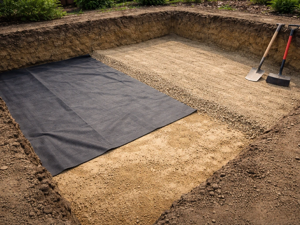 Excavated patio base with geotextile and graded drainage slope, showing layered subgrade preparation.